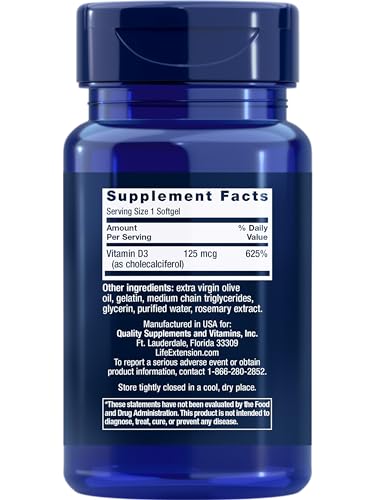 Life Extension Vitamin D3 5000 IU Supplement Facts and Usage Label - BuyProteinOnline