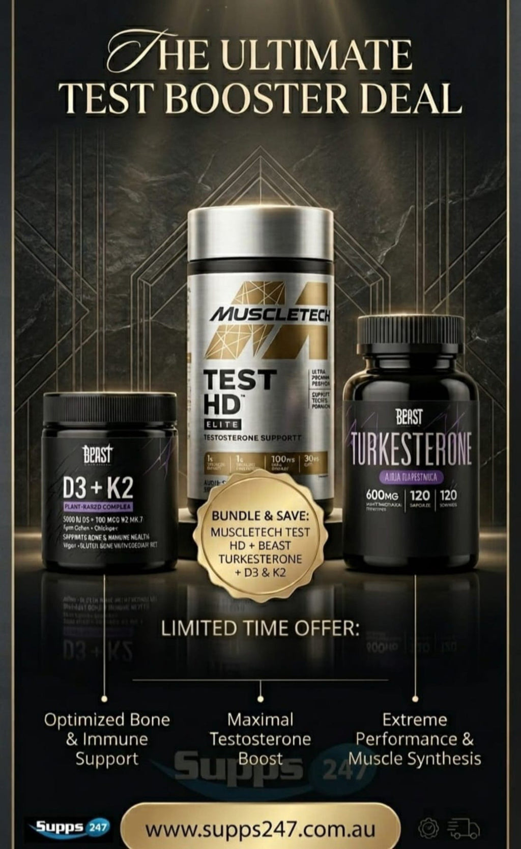 MuscleTech Test HD Elite + Beast Labs D3 K2 + Turkesterone - $159.95