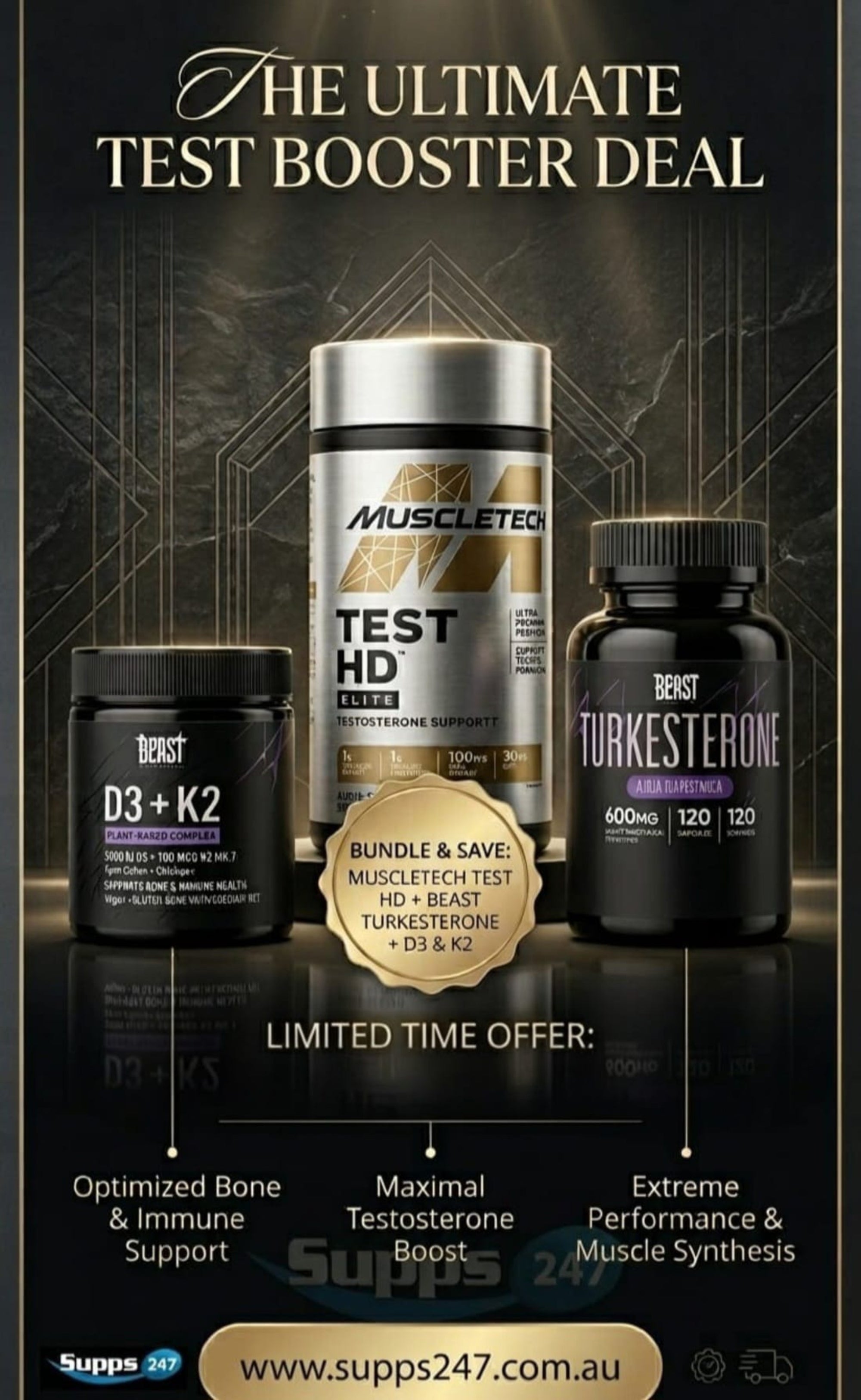 MuscleTech Test HD Elite + Beast Labs D3 K2 + Turkesterone - $159.95
