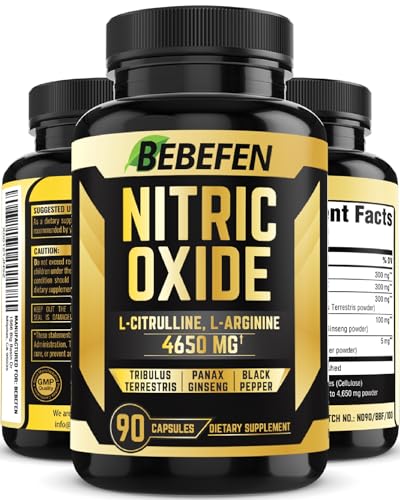 Bebefen Nitric Oxide 4650mg supplement bottle with L-Arginine, L-Citrulline, Tribulus, and Ginseng – performance and endurance booster.