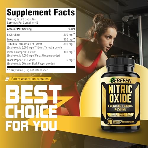 Supplement facts for Bebefen Nitric Oxide 4650mg – showing L-Arginine, L-Citrulline, Tribulus, and herbal extracts.