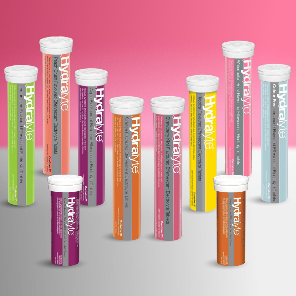 Hydralyte Effervescent Electrolyte Tablets – assorted flavours including orange, lemon lime, apple berry, and watermelon burst. Hydration supplement range for sports and daily recovery.