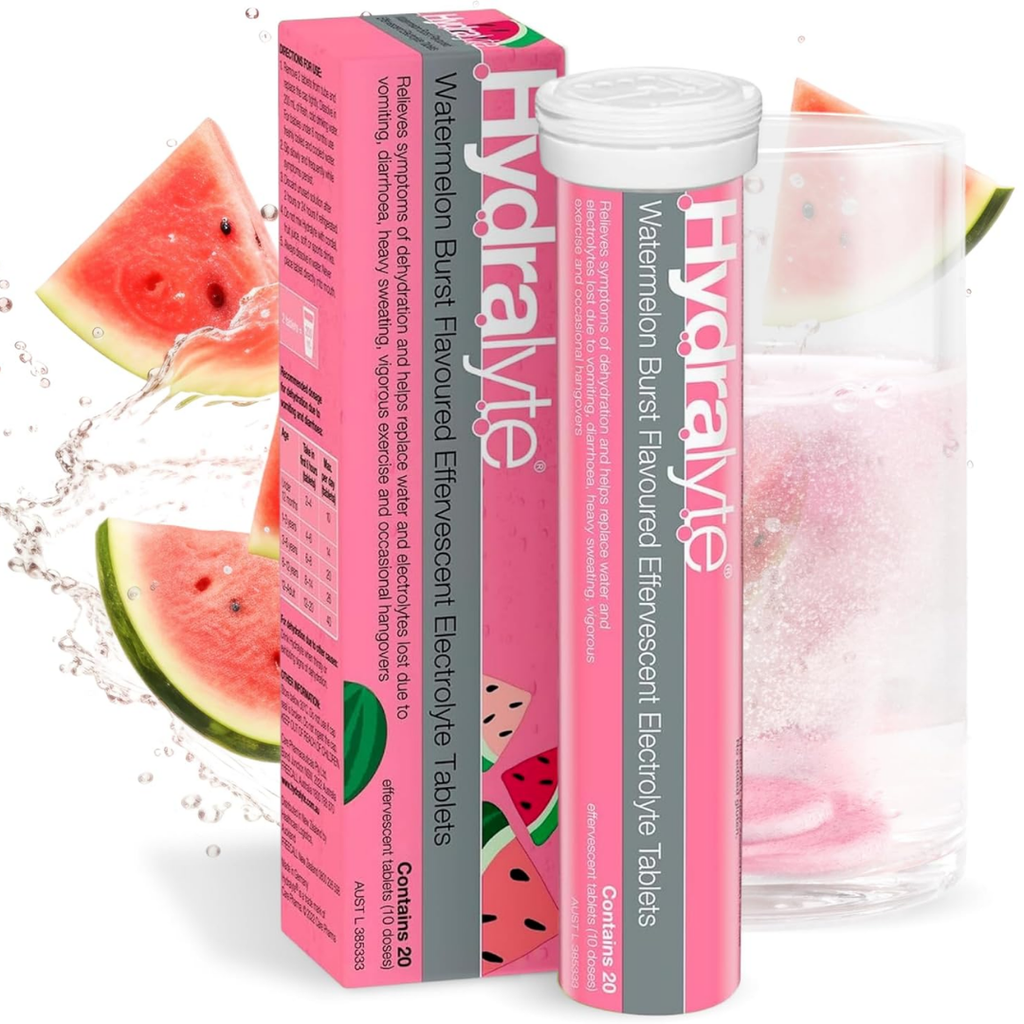 Hydralyte watermelon-flavored electrolyte tabs with packaging and a glass of water.