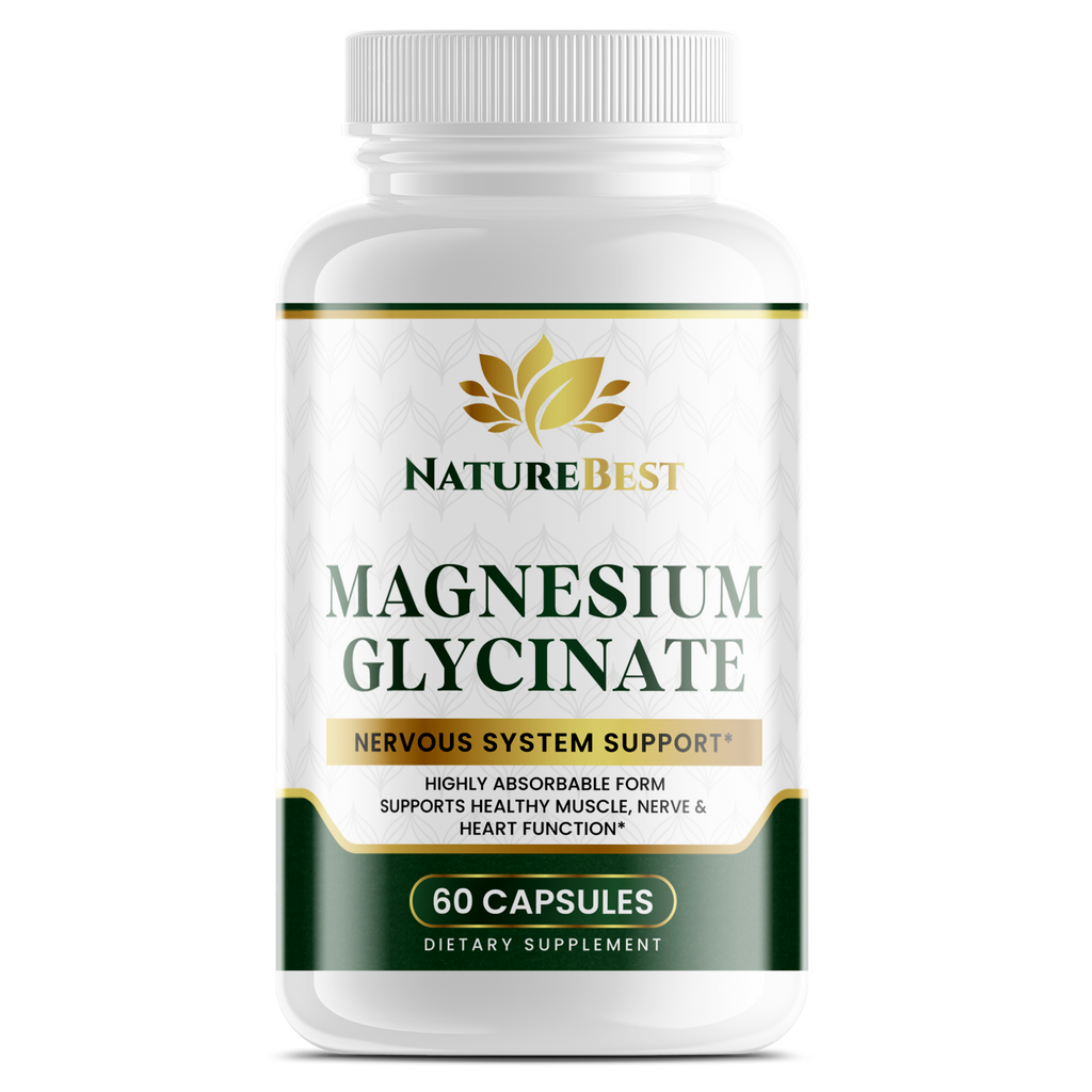 NatureBest Magnesium Glycinate supplement bottle 60 serve highly absorbable magnesium for nervous system and muscle support
