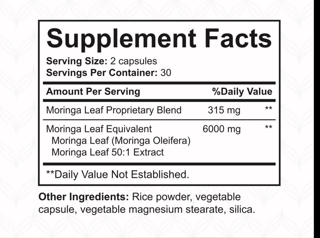 NatureBest Moringa supplement facts label showing moringa leaf extract 6000mg equivalent