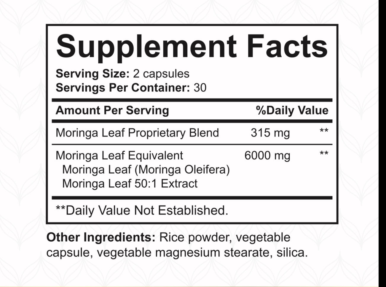 NatureBest Moringa supplement facts label showing moringa leaf extract 6000mg equivalent