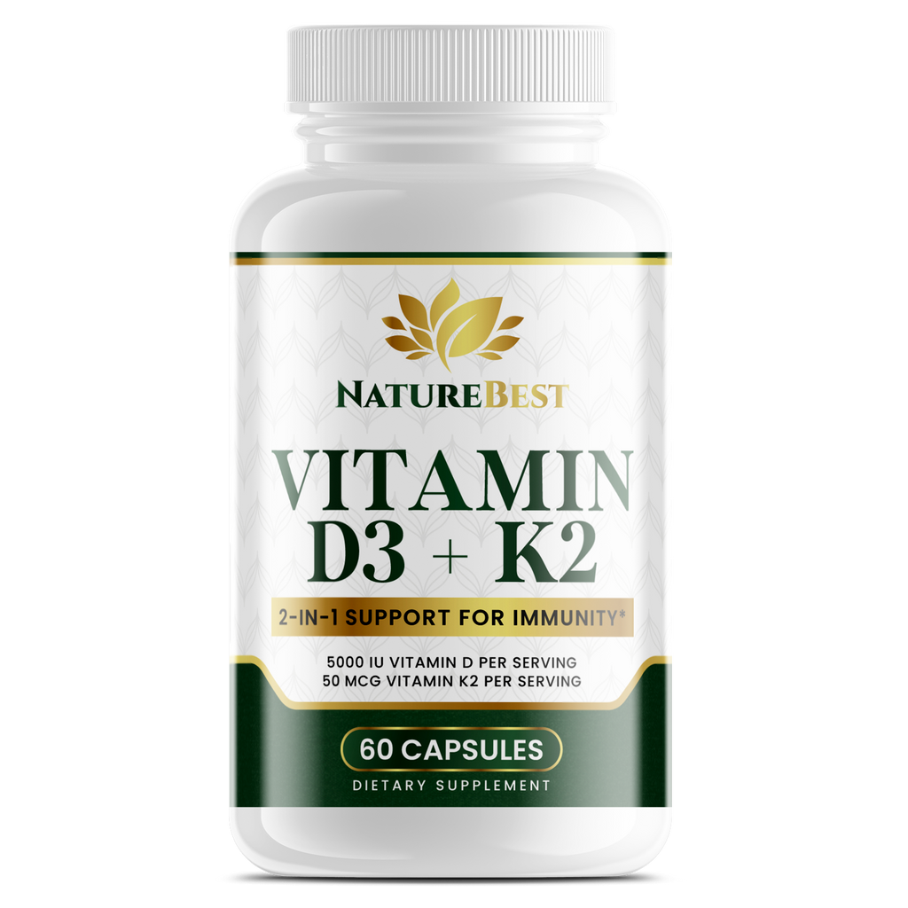 NatureBest Vitamin D3 plus K2 supplement bottle 5000 IU vitamin D with MK7 for immune and bone support