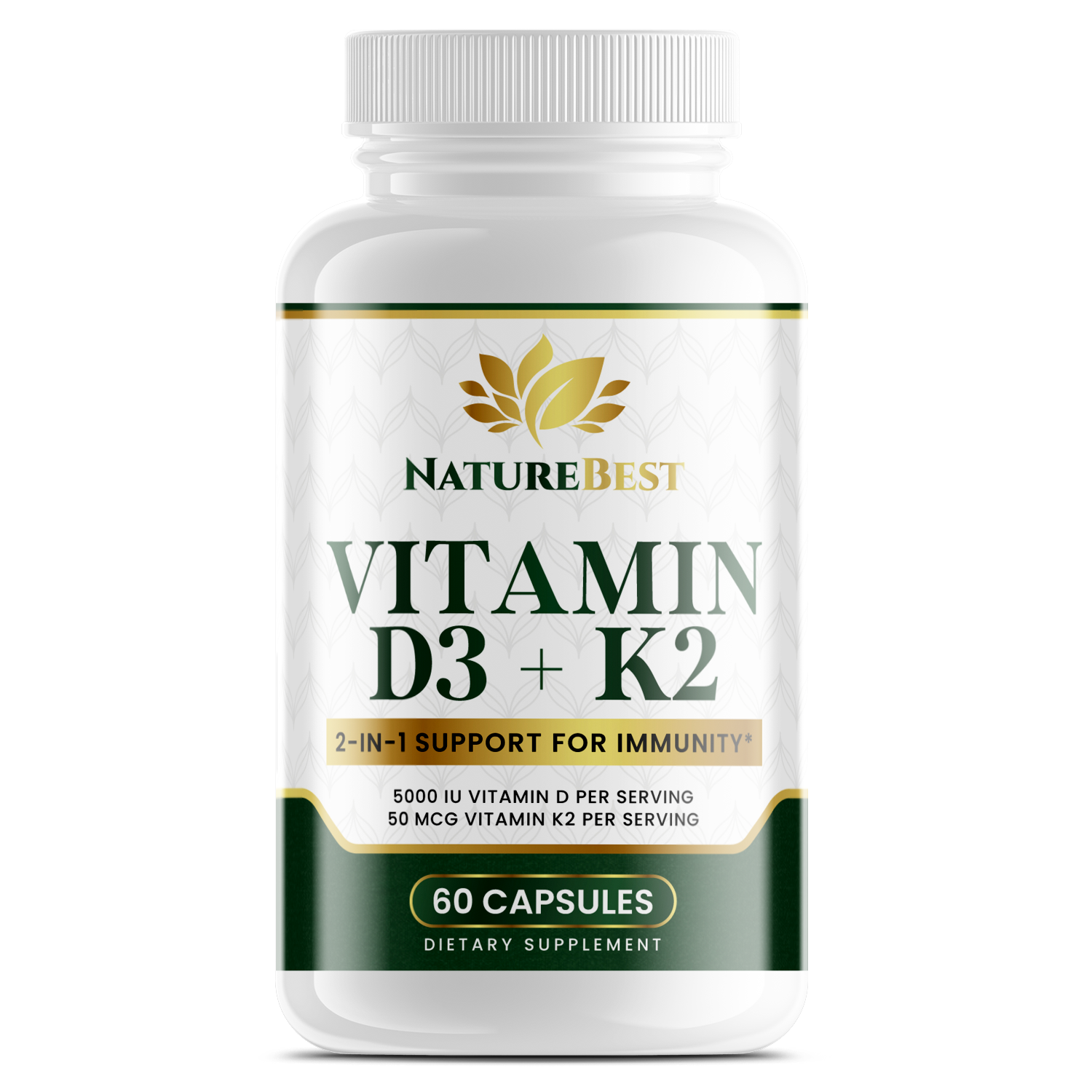 NatureBest Vitamin D3 plus K2 supplement bottle 5000 IU vitamin D with MK7 for immune and bone support