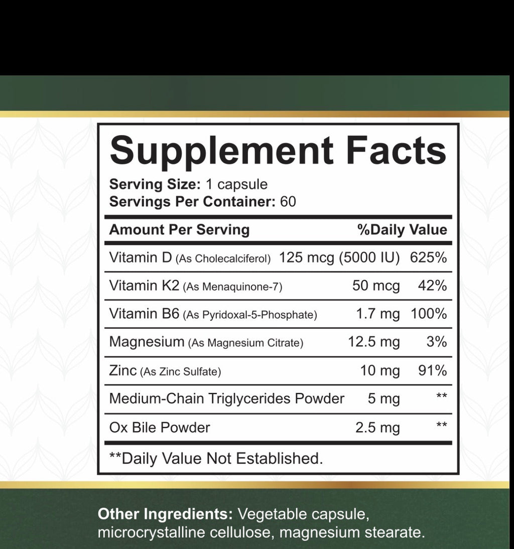 NatureBest Vitamin D3 and K2 supplement facts label showing 5000 IU vitamin D and MK7 vitamin K2
