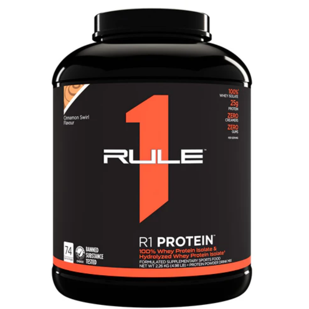 R1 Protein 100% Whey Isolate 2.26kg Cinnamon Swirl by Rule 1 protein powder tub
