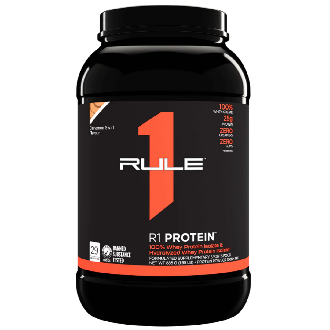 R1 Protein 100% Whey Isolate 885g 2LB Cinnamon Swirl by Rule 1 protein powder tub
