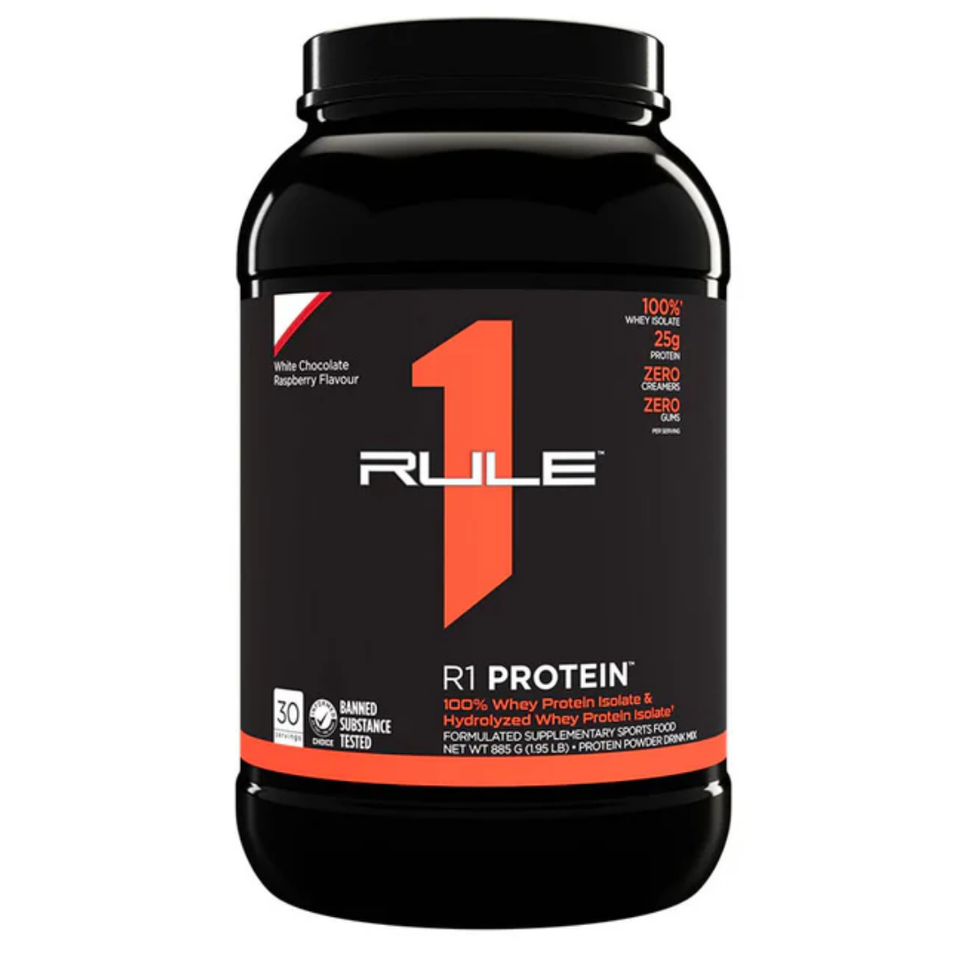 R1 Protein 100% Whey Isolate 907g 2lb White Chocolate Raspberry by Rule 1 protein powder tub

