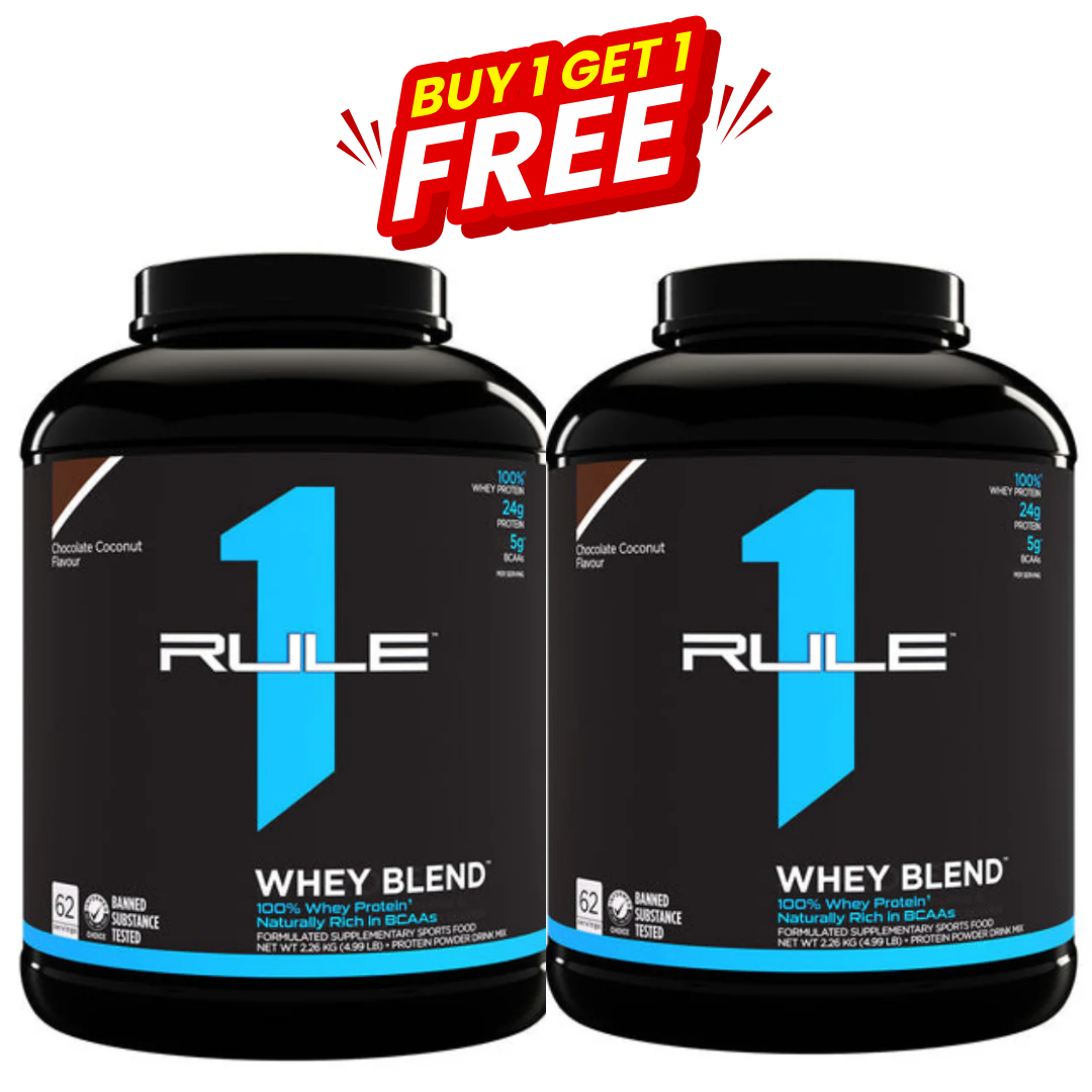 Rule 1 Whey Blend Chocolate Coconut protein powder buy 1 get 1 free deal by Rule 1