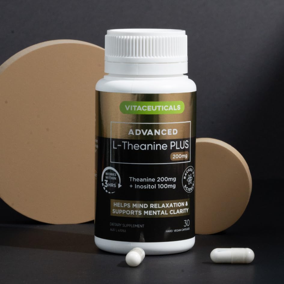Vitaceuticals L-Theanine Plus supplement – premium Australian-made formula promoting calm, mental balance, and everyday wellness.